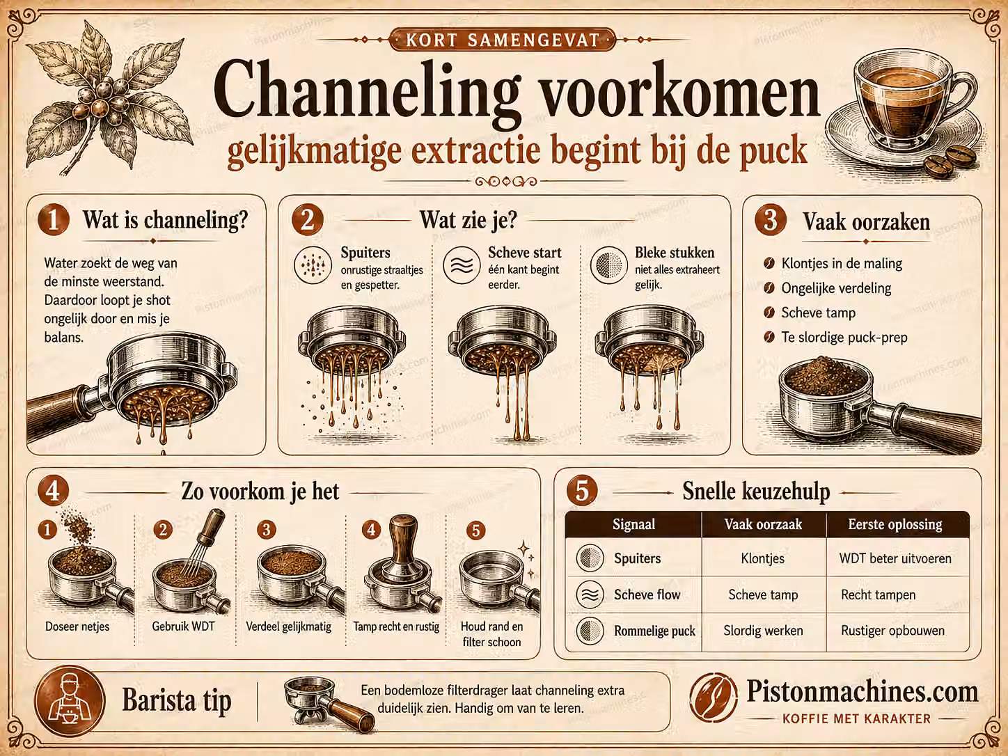 Vintage infographic met signalen van channeling, veelvoorkomende oorzaken en vijf stappen voor gelijkmatigere puck-preparatie.
