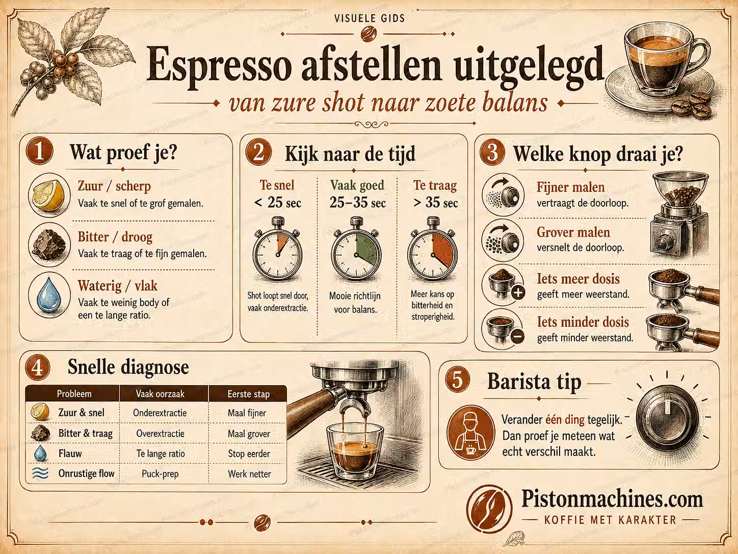 Vintage infographic voor espresso afstellen met smaak, extractietijd, fijner of grover malen, dosis en snelle diagnose.