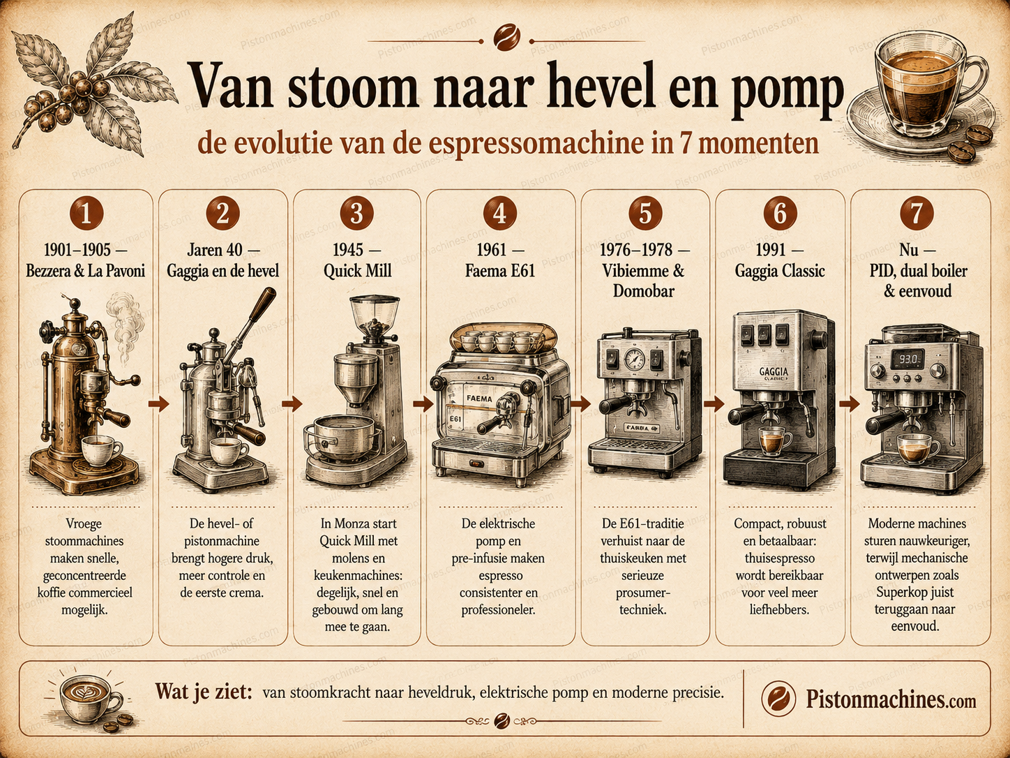 Vintage Pistonmachines.com infographic met zeven historische momenten in de evolutie van de espressomachine: Bezzera en La Pavoni, Gaggia en de hevel, Quick Mill in Monza, Faema E61, VBM Domobar, Gaggia Classic en moderne PID- en mechanische machines.