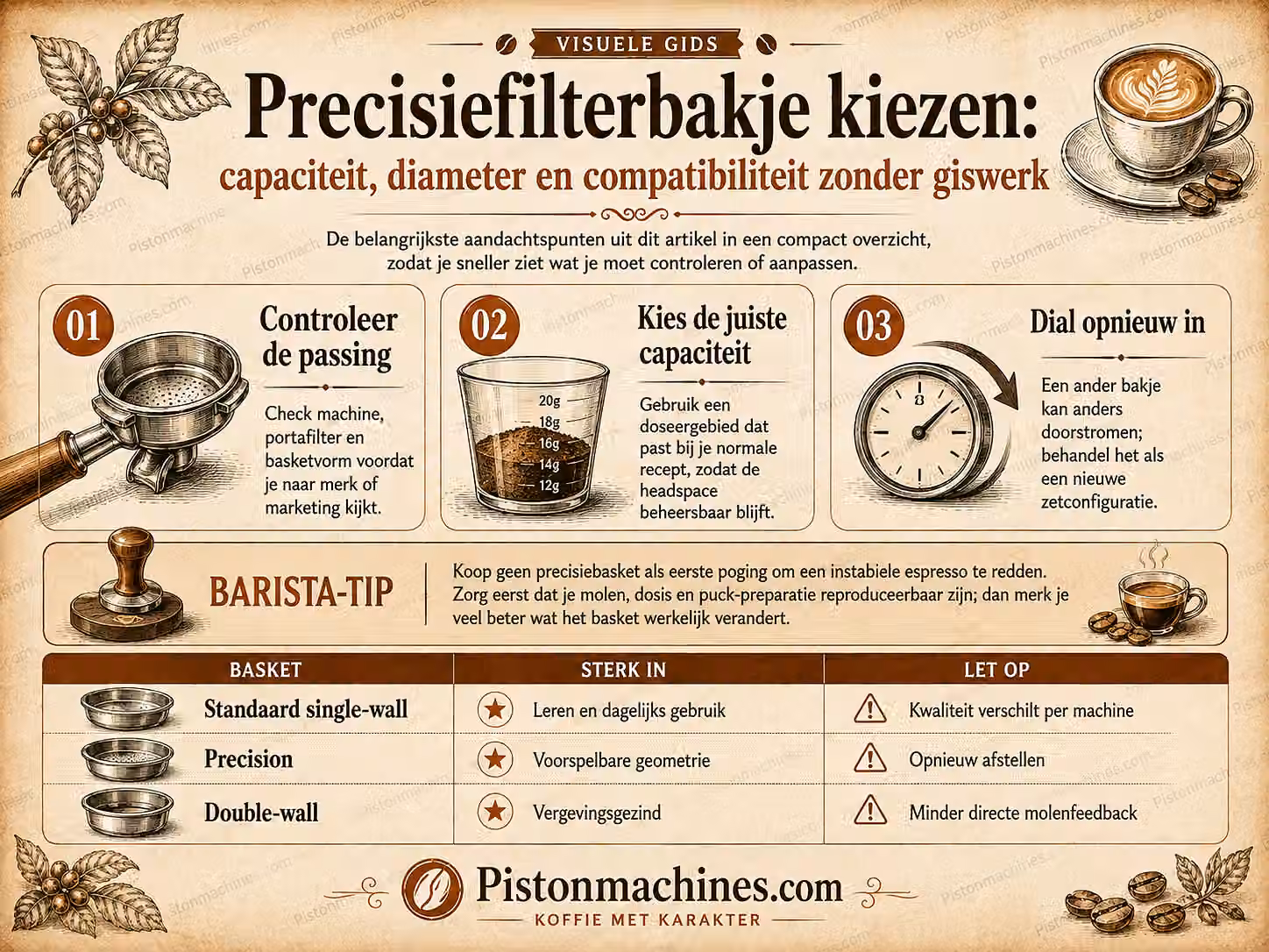 Vintage infographic over een precisiefilterbakje kiezen op passing, capaciteit en opnieuw afstellen van de espressomolen.