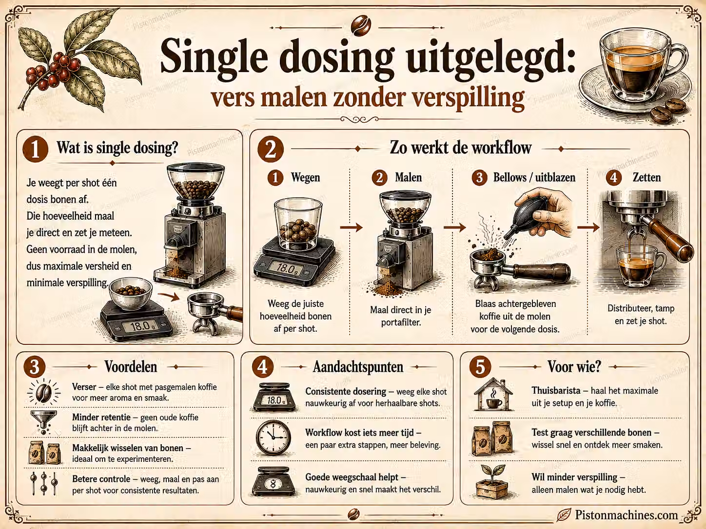 Vintage infographic over single dosing voor espresso met wegen, malen, uitblazen, zetten, voordelen en aandachtspunten.